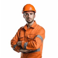 half body man, young warehouseman with helmet, pure white background, photorealistic, --ar 1:1 --style 