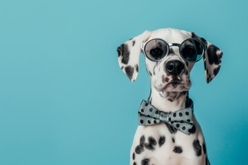 Stylish Dalmatian Dog Wearing Sunglasses and Polka Dot Bow Tie on Blue Background - Fashion, Pet, Portrait, Cute, Trendy