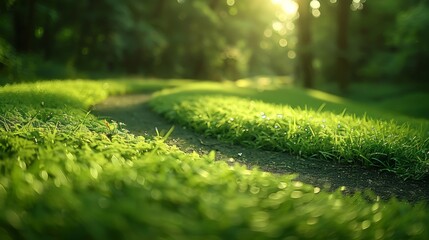 Naklejka premium A dirt road in the middle of a lush green field, AI