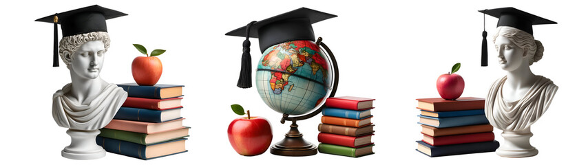Classical Education PNG Collection: Statues, Globes, and Books in Graduation Themes Isolated on Transparent Background