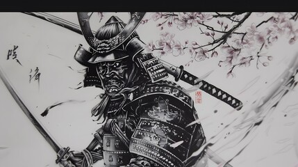 Abstract ink drawing of a samurai. Japanese style art.