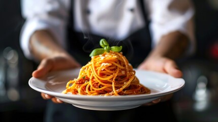 Chef holding hot spaghetti to serve in the restaurant, --ar 16:9