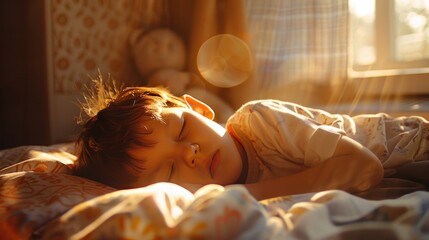 Portrait cute little asian boy sleep on the cozy bed in the child bedroom at afternoon. AI generated