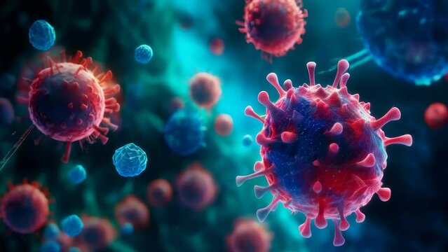 This image captures the essence of a viral encounter, highlighting a prominent virus amidst a sea of pathogens in a bioluminescent turquoise environment. Reproduction bacteria