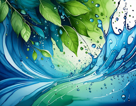 abstract watercolor background with water splash drops and green leaves backdrop wallpaper