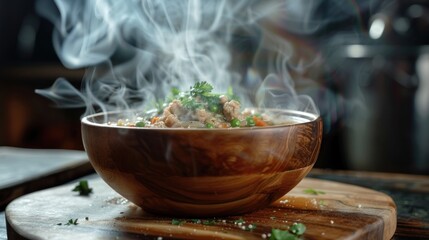 Closeup tasty hot soup with smoke on wooden bowl on dark background. AI generated image