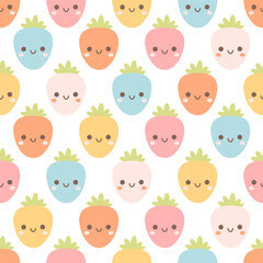Seamless pattern with cute cartoon strawberry characters. Fruit seamless pattern. Vector illustration in flat style