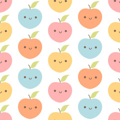 Seamless pattern with cute cartoon peach characters. Fruit seamless pattern. Vector illustration in flat style
