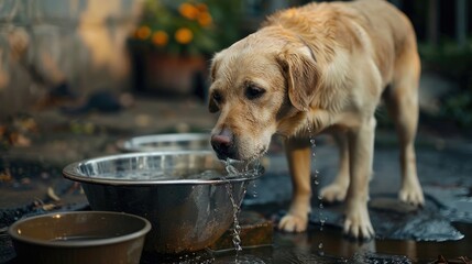 A captivating image of a dog standing by a water bowl, hydrating and refreshing themselves during a busy workday on Take Your Dog to Work Day.