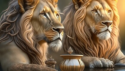 The two lions exude power and pride with their flowing manes. Sipping the first lion drink. Next to...