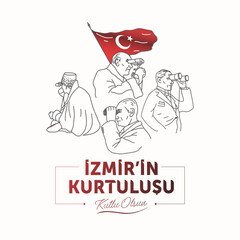 9 September 1922 Happy Liberation of Izmir. Turkish translation: 9 Eylül İzmir'in Kurtuluşu kutlu olsun. Vector, typography.