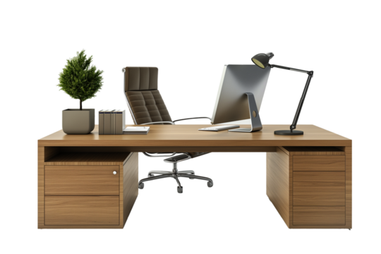 Modern office desk with comfortable chair isolated on transparent background