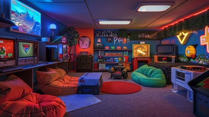 Retro Gaming Den: Bean bag chairs, vintage consoles, and pixel art on the walls.