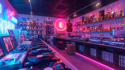 Retro Record Store: Vinyl records, neon signs, and vintage turntables.