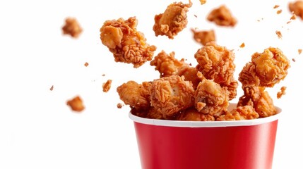 Tasty crunchy golden fried chicken on paper bucket on white background. AI generated image