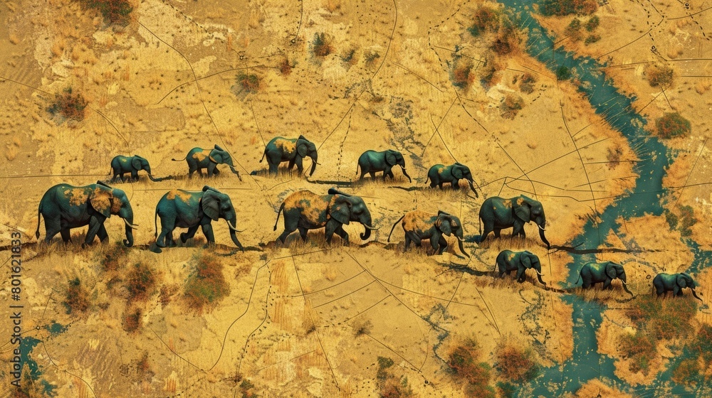 Poster a map showing the migratory pathways of majestic elephants in search of water and food sources acros