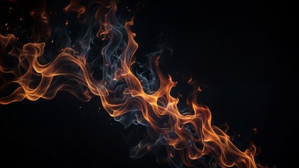Fototapeta premium Close-up of a Single Flame, Black Backdrop, Hyperrealistic fire flames, tongues reaching upwards, detailed embers glowing on a pure black background