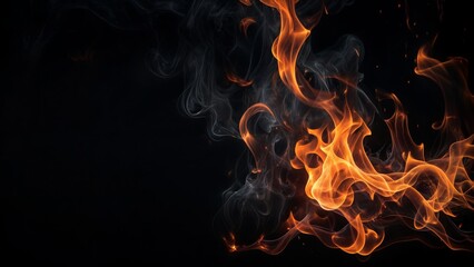 Close-up of a Single Flame, Black Backdrop, Hyperrealistic fire flames, tongues reaching upwards, detailed embers glowing on a pure black background