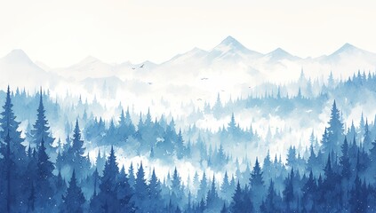 A misty mountain forest scene in soft blue tones, with subtle hints of green pine trees and distant snowcapped peaks shrouded by fog.