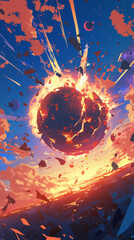 Dramatic Celestial Impact with Fiery Debris and Explosive Energy Under an Orange Sky.