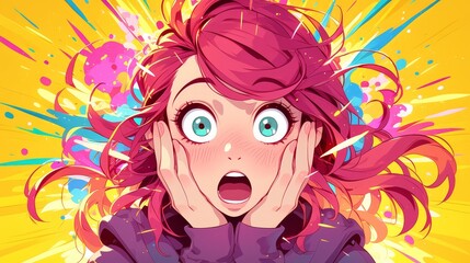 A pop art style cartoon of an extremely shocked woman with red hair, pink outfit and purple shirt in the background. The comic bookstyle illustration 