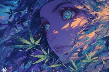 A psychedelic painting of cannabis leaves and woman, vibrant colors, swirling patterns
