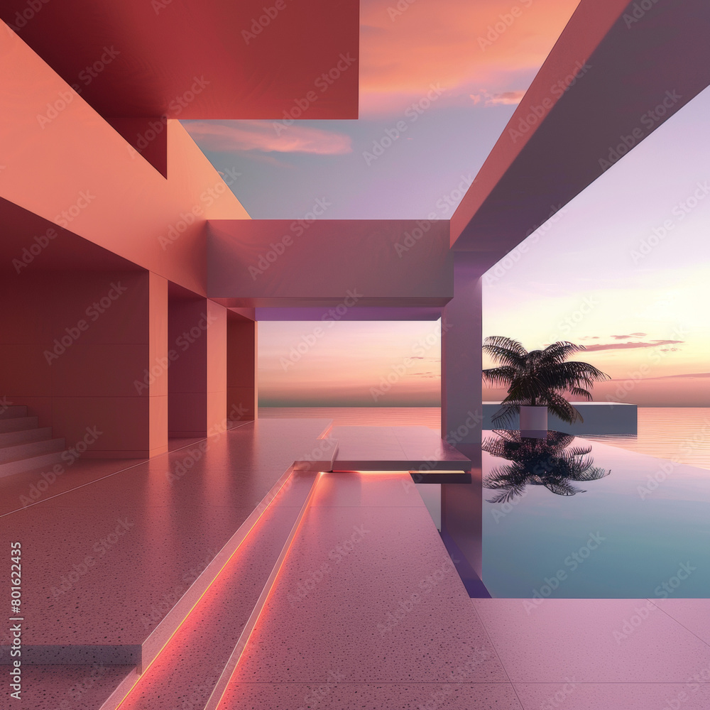 Poster a house with a pool and a palm tree in the background
