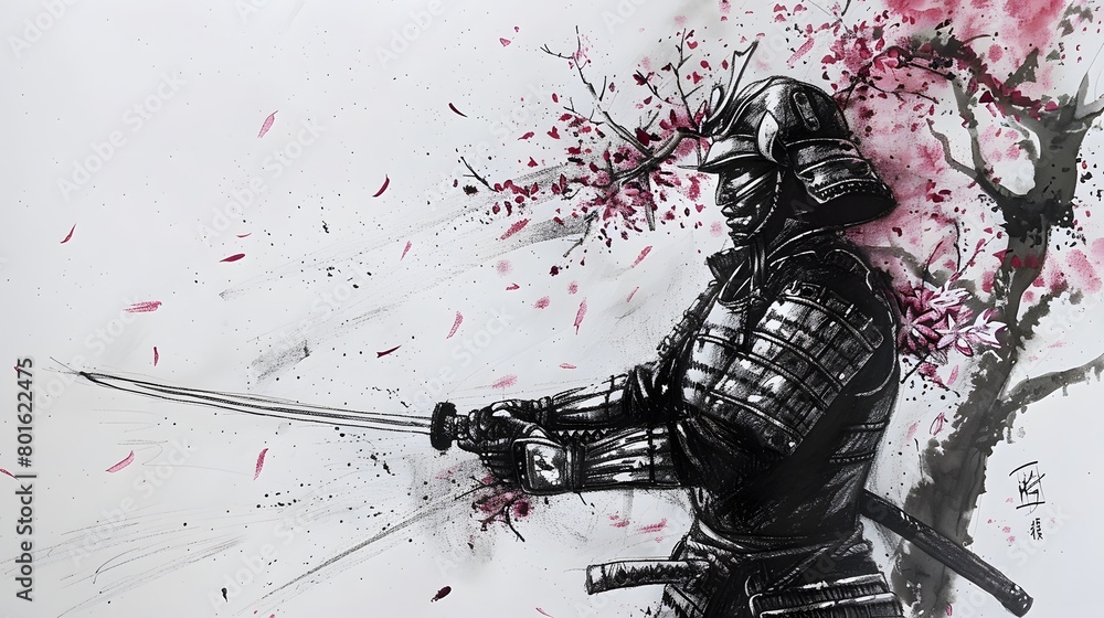 Wall mural Abstract ink drawing of a samurai. Japanese style art.