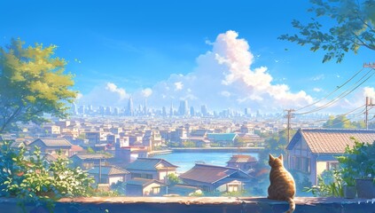 Siamese cat perched on the edge of an old wooden fence, overlooking a quaint town with colorful houses and power lines in the background. Clear sky  blue with fluffy clouds adding to its charm.