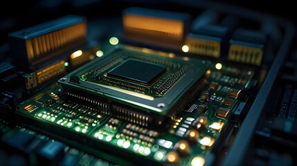 Fototapeta premium Technology Blogs, Computer Hardware Reviews, IT Magazine Illustrations,Computer Circuit Board and CPU Glowing with Internal LEDs Inside a Server Class Computer