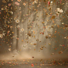 dark beige photography background with flowers falling down on the backdrop