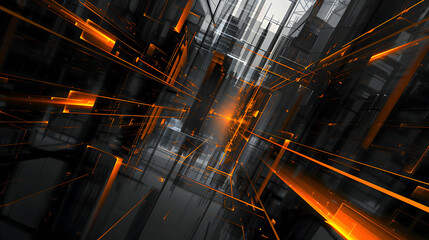 Dynamic abstract wallpaper in charcoal grey and neon orange, featuring clean lines and sharp angles, mimicking an HD photograph