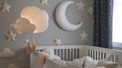 A celestial-themed nursery with star-patterned wallpaper, a crescent moon mobile, and plush constellations.