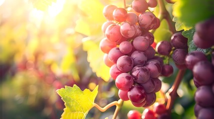 Sun-kissed vineyard with ripe grapes ready for harvest. Vibrant colors showcasing fresh produce, perfect for culinary and travel themes. AI