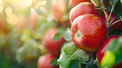 Ripe apples hanging on a tree in golden sunlight. Organic fruit growing, harvest concept. Close-up, vibrant colors. Fresh produce, agriculture. AI