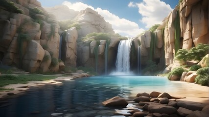 A solitary waterfall cascades down a sheer cliff face, its pristine waters cutting through the rugged landscape. The tranquil pool below offers a moment of respite in the midst of nature's untamed bea