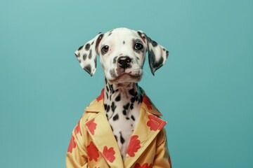 High Fashion Dalmatian Puppy in Vibrant Patterned Shirt on Teal Background - Colorful, Pet Fashion, Stylish, Portrait, Cute - obrazy, fototapety, plakaty