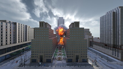攻撃される未来都市の風景　3DCGレンダリング