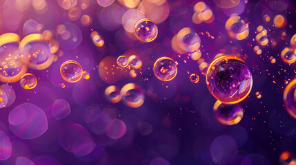 Bubbles of oil and water floating in the air, purple background, orange details, macro photography,...