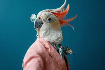Posh Parrot in Couture Blazer and Round Glasses on Blue Background - Stylish, Animal Fashion, Portrait, Elegant, Unique