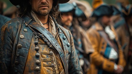 Historical reenactment scene, close-up on authentic costumes and props, bringing history to life