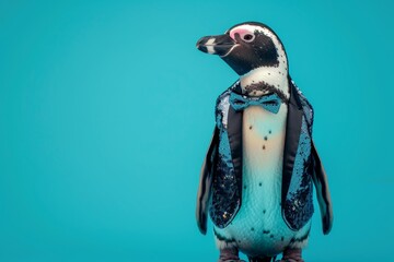 Elegant Penguin in Tailored Sequined Blazer and Bow Tie on Teal Background - Sophisticated, Animal Fashion, Portrait, Stylish, Unique - obrazy, fototapety, plakaty