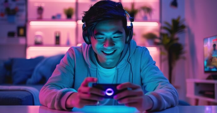 Happy asia man gamer wear headphone competition play video game online with smartphone colorful neon light in living room at night modern house. Esport streaming game online, Home quarantine activity.