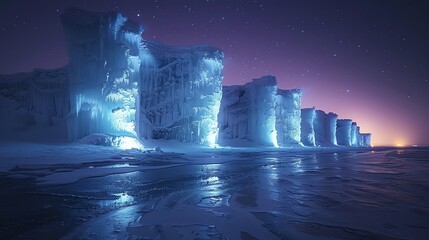 Ice sculptures gleaming under the Northern Lights, ephemeral beauty in a frozen landscape