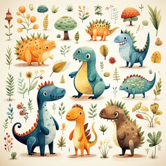 Cartoon illustration for children with funny dinosaurs. Creative ornament with dinosaurs, monsters, animals. Fictional animals, fantasy characters art creative pattern print. Cartoon dinosaurs.
