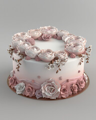 Beautiful and creative professional bakery cake 3D generated, front view ad mockup, isolated on a white and gray background.