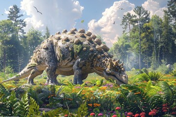 Capture the serene scene of an Ankylosaurus foraging for plants in a lush forest, illustrating the gentle feeding habits and herbivorous nature of these well-protected giants