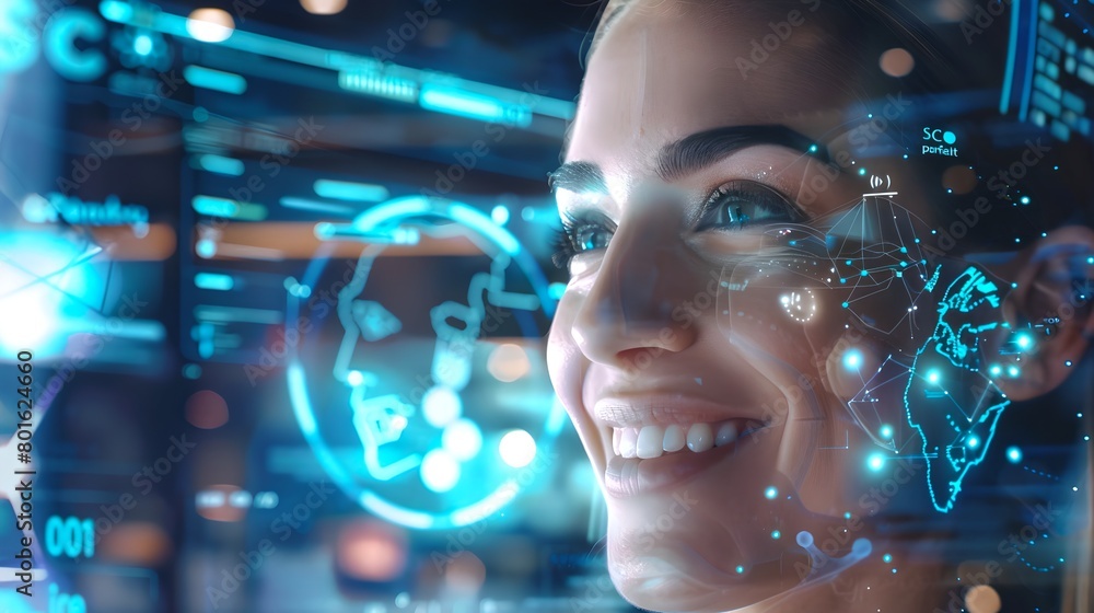 Aufkleber smiling woman with futuristic interface, cyber technology concept. digital visual data surrounding a