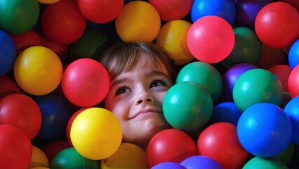 Fototapeta na wymiar Cute Caucasian Girl Kid Buried under Colored Plastic Balls in Play Arena Pool