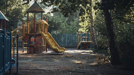 A picturesque view of a child's playground, now empty and silent, symbolizing the stolen innocence of children forced into labor on World Day Against Child Labor.